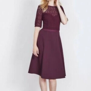 BODEN Lisa Lace Fit & Flare Ponte Knit Mini Dress Size 2P Purple Plum